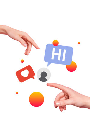 Collage design composite trend artwork sketch of hand finger point gesture speech cloud hi like follow subscribe social influencer heartの写真素材