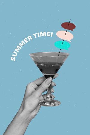 3d trendy image photo collage of human hand hold cocktail beverage alcohol martini toast summer time season vacation pubの写真素材