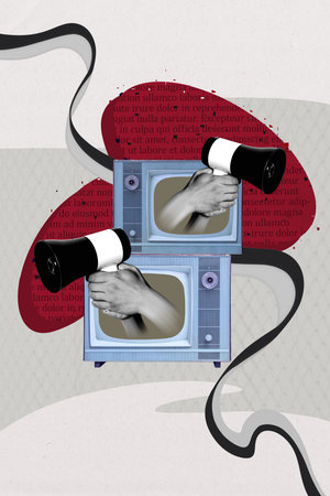 Trend template sketch design 3D photo collage of obsolete technology tv propaganda announce...