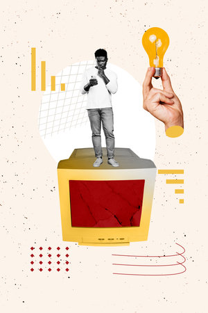 Trend artwork 3D photo collage design of think challenge decision solution mind idea lamp computer monitor young man stand hold smartphoneの写真素材
