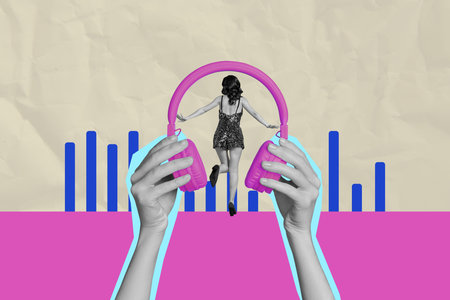 Full 3d art banner photo collage of happy girl guy dance hands hold headphones music chart disco occasion celebration holidayの写真素材