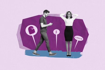 Composite trendy magazine photo collage of two happy girl guy receive bubble message notification...