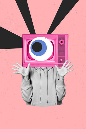 Trendy art creative vertical photo collage of anonym girl guy instead head eyeball stare social media film eyeball stare jewishの写真素材