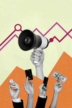 Creative collage of person hands hold megaphone credit card with graphs data on yellow color backgroundの写真素材