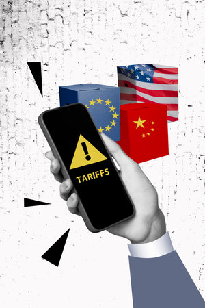 Collage poster template sketch of hand hold smartphone display tariffs crisis finance market...