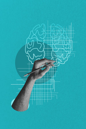 Vertical sketch 3d collage poster of hand hold pencil draw futuristic cyber brain icon artificial intelligence modern appの写真素材