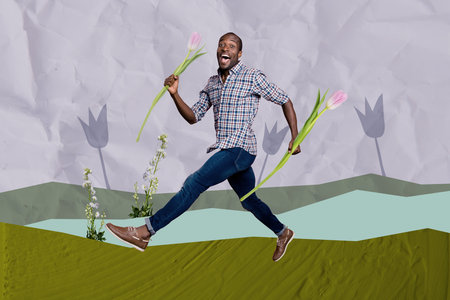 Creative full art collage of happy girl guy run park field tulips flower blossom spring summer...