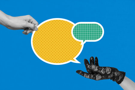 Pop 3d zine full art collage of hands show bubble communication icon speech conversation talk phrase social media messageの写真素材