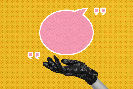 Banner full image art collage of hand show bubble communication icon speech conversation talk phrase...