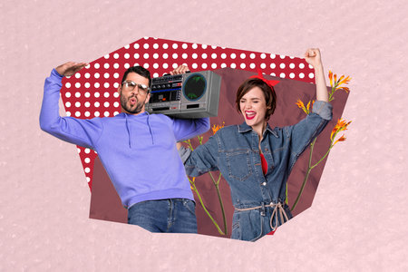 3d sketch poster trend collage of two happy girl guy dance summer wildflower bouquet celebration...