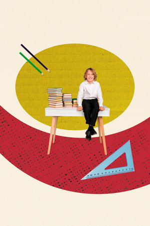 Composite 3D collage artwork template design of young age boy sit table literature pile book library...