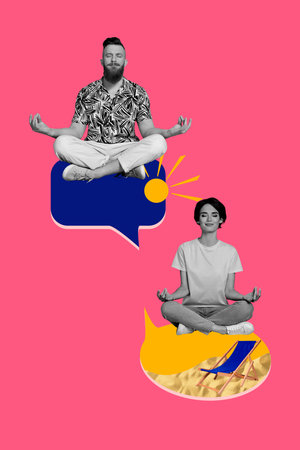 Trendy art creative vertical photo collage of happy girl guy sit bubble communication do yoga meditation retreat sand sunny longerの写真素材