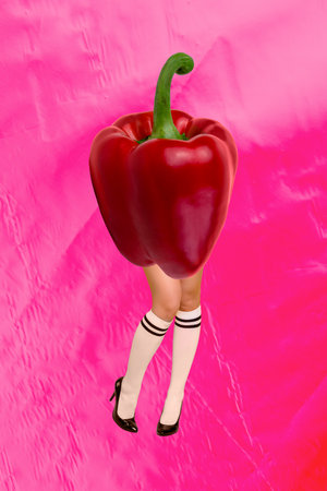 Vertical photo collage of anonym female male legs instead body red pepper sweet paprika diet grocery...