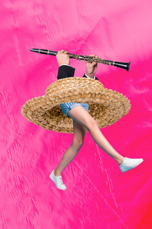 Sketch poster art photo collage of anonym girl guy legs hands hold music orchestra pipe celebration holiday wear straw hatの写真素材