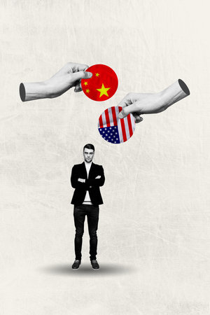 Composite image montage trend 3D collage of young man stand hand showing amerixan chinese flag economy crisis trade war business earningsの写真素材