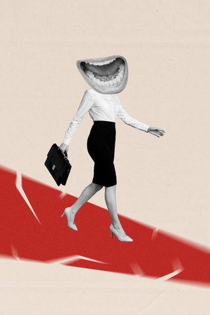 Exclusive artwork creative collage of anonym girl instead head mouth show tongue teeth dentistry cavity care hold briefcase walkの写真素材