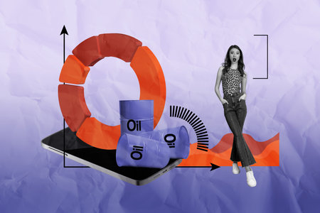 Trend artwork composite 3D photo collage design of smartphone display data graphics petroleum barrel tank business price young lady standの写真素材