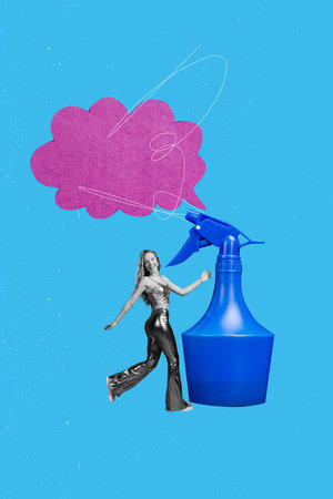 Banner 3d image pop vertical collage of happy girl housewife hold spray bubble communication cleaning service disinfectionの写真素材