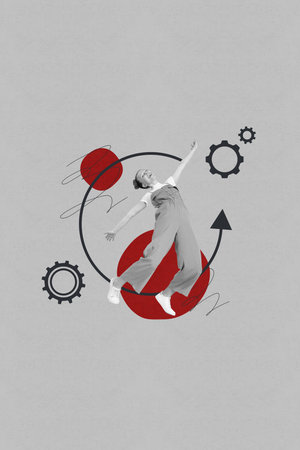 Exclusive image vertical photo collage of excited girl stand bubble communication heart blogging reaction speech chatterbox gearsの写真素材