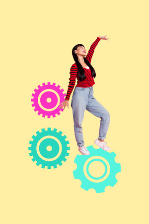 Pop image sketch 3d collage poster of happy businesswoman stand gearwheel optimization settings aim achievement progressの写真素材