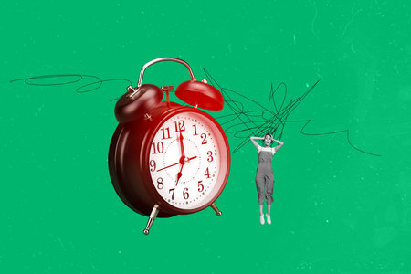 Template sketch image composite artwork collage of time work fast deadline control young woman stand...