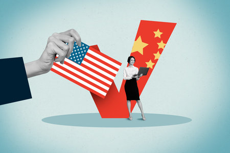 Trend artwork sketch design montage 3D collage of businesswoman stand hold laptop hand show america flag asian market economy declineの写真素材