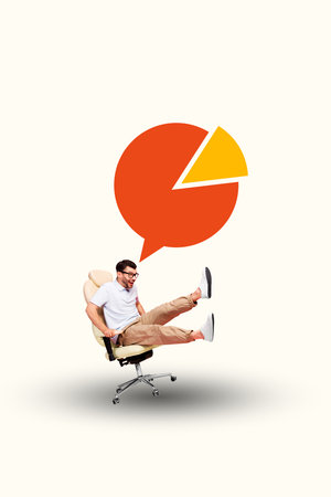 Composite image montage trend artwork collage of young guy smile sit armchair office furniture speech cloud diagram charts graphics traderの写真素材