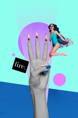 Image poster trend collage of minded girl guy stand hand hold flicker light deadline pressure...
