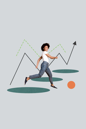 Exclusive image vertical photo collage of happy businesswoman run progress graph development...