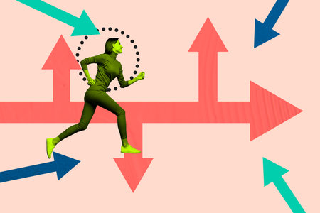 Composite trendy magazine photo collage of happy businesswoman receive promotion arrow pointer development statistics progressの写真素材