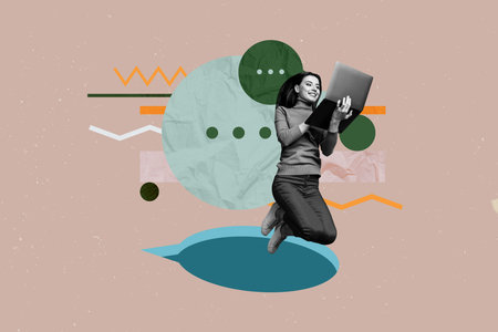 Creative full artwork collage of happy girl stand bubble communication icon chatterbox conversation speech phrase hold laptopの写真素材