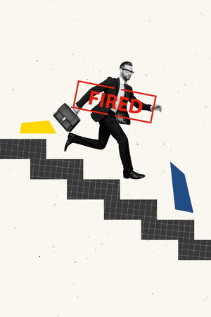 Exclusive image vertical photo collage of serious businessman run ladder fired icon employee lay off dismissal crisis joblessの写真素材