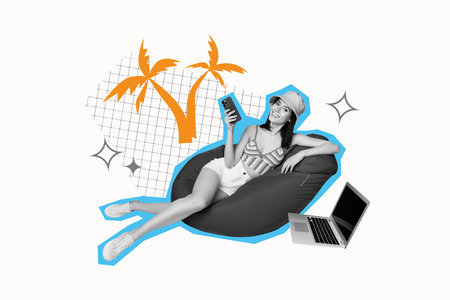 Trendy art creative full zine photo collage of happy girl sit beanbag hold phone laptop booking...