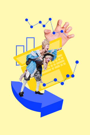Trendy 3d zine vertical photo collage of happy businesswoman businessman stand arrow development...