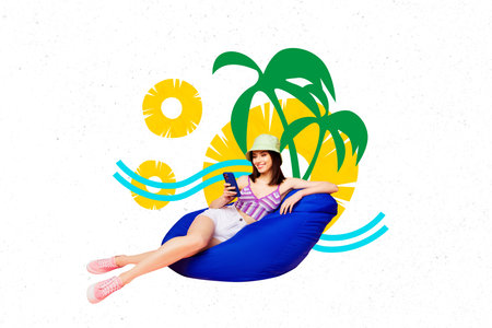 3D collage design composite trend artwork sketch of young lady sit beanbag remote smartphone...