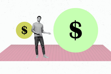 banner trend collage of person demonstrate hands with circle dollar sign on white yellow green backgroundの写真素材