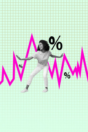 Vertical 3d art pop image collage of happy businesswoman businessman stand graph development economy percentage progressの写真素材