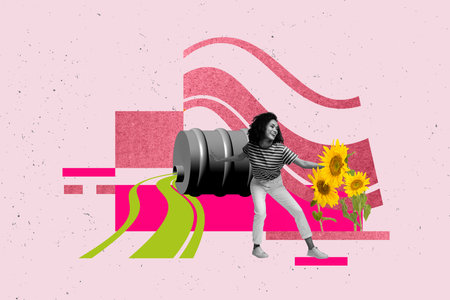 Contemporary poster trend art collage of happy girl dance environmental oil pollution barrel sunflower spring bloom summerの写真素材