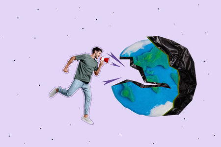 Creative pop poster sketch collage of happy guy run mouth destroyed earth protection rubbish half globe bag plastic pollutionの写真素材