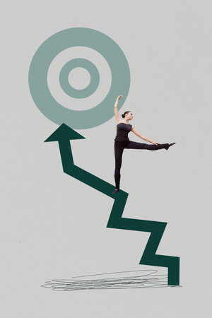 Vertical image 3d banner collage of happy businessman businesswoman stand arrow development career promotion target achievementの写真素材