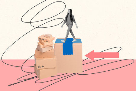 Composite artwork photo collage template sketch of arrow point showing pile box young woman walk...