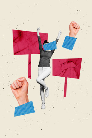 Zine pop image banner 3d photo collage of anonym girl stand picket demonstration hands show fist gesture support rebellionの写真素材