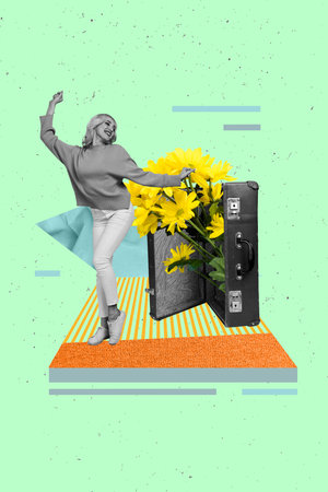 Pop collage of people celebrate on green color background with suitcase flowers plantsの写真素材