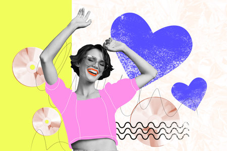 Sketch template design photo collage of young lady smile lipstick cd disk music leisure entertainment night clubber rest mp3 discothequeの写真素材