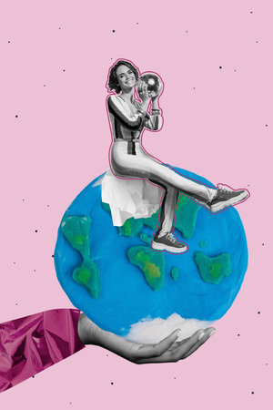 Vertical poster artwork collage of happy girl sit save earth protection rubbish crumpled paper pollution damage problem handの写真素材