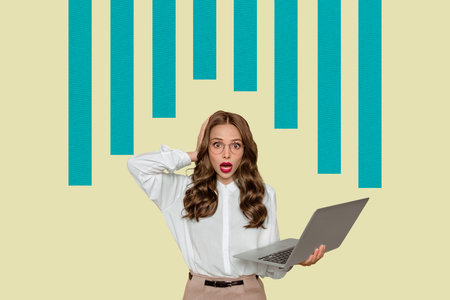 Composite 3d banner art pop image collage of happy businesswoman businessman stand chart statistics...