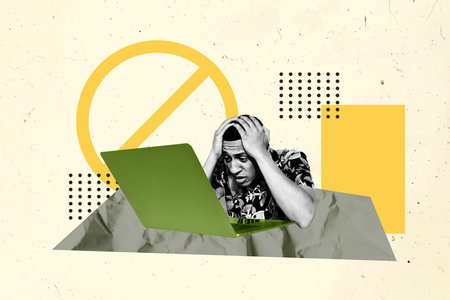 Trendy poster art collage of puzzled businessman sit broke laptop banned forbidden symbol freelancer...