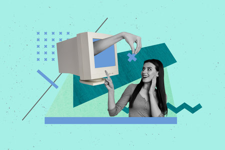 Composite art 3d creative image collage of angry girl guy it-specialist scream hand brainwash...