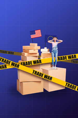 Creative composite sketch artwork collage of pile box trade war young lady stand shocked crisis import economy crisis international marketの写真素材