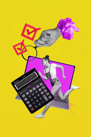 Vertical sketch 3d collage of happy businesswoman businessman stand laptop device checkmark vacancy magnifier calculator incomeの写真素材